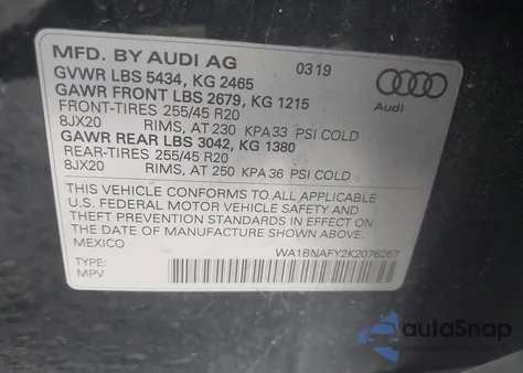 2019 Audi Q5 45 Premium из США, поврежденный, VIN WA1BNAFY2K2076267